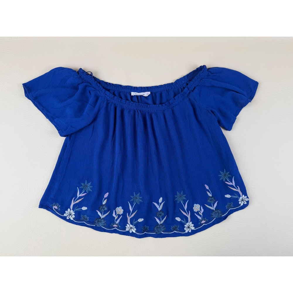 Boho Off Shoulder Top Rayon Floral Embroidered Blue Small Chloe & Katie